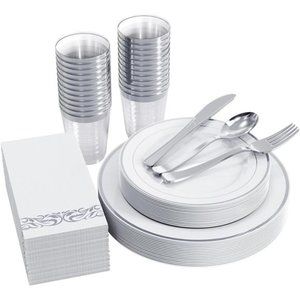 175pcs Silver Dinnerware Set for 25 Guests,Silver Rim Plastic Plates Disposable
